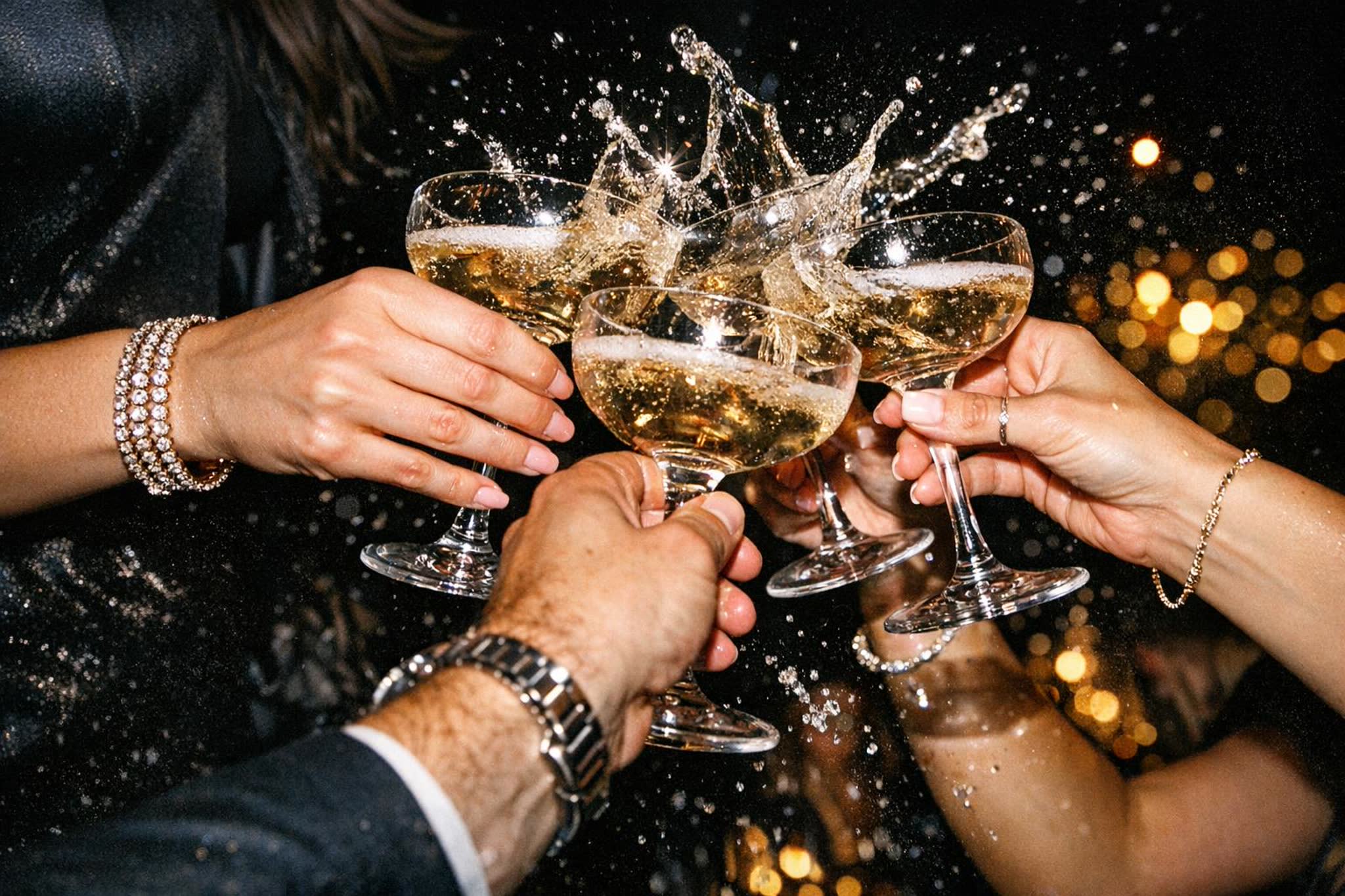 Friends raise their glasses in a toast over a candlelit table at a members' night