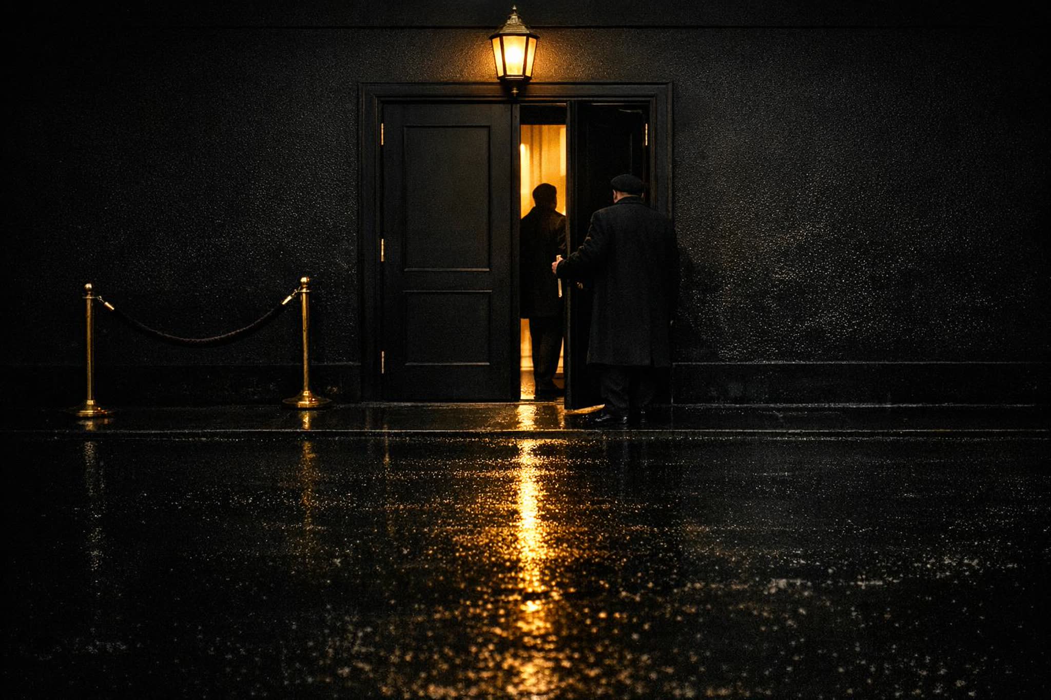 Snow falling through a camera flash outside a members club door at night, a doorman scanning a phone QR beside a red velvet rope