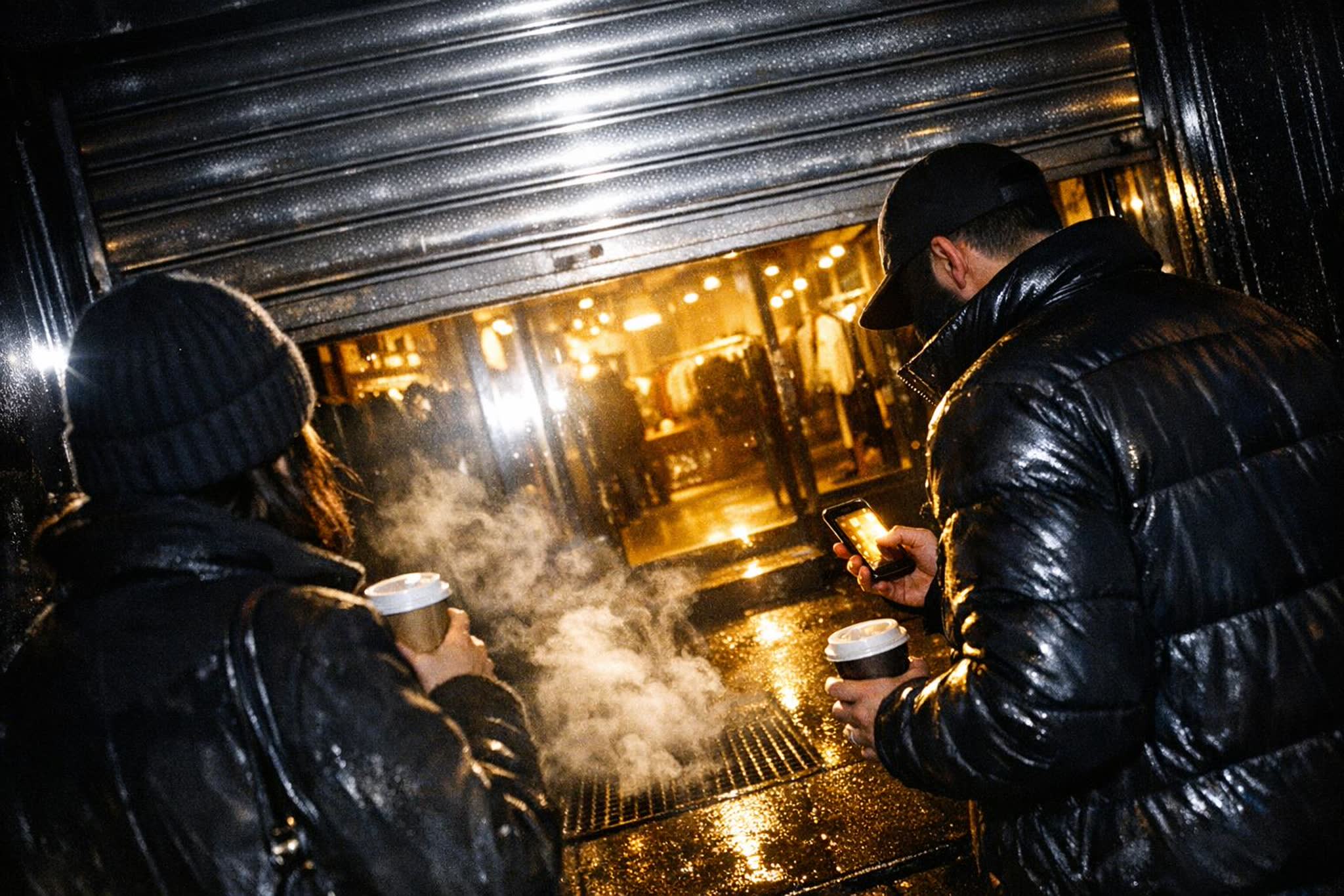A storefront shutter half-raised at dawn, warm light spilling onto the sidewalk where two people wait with coffees