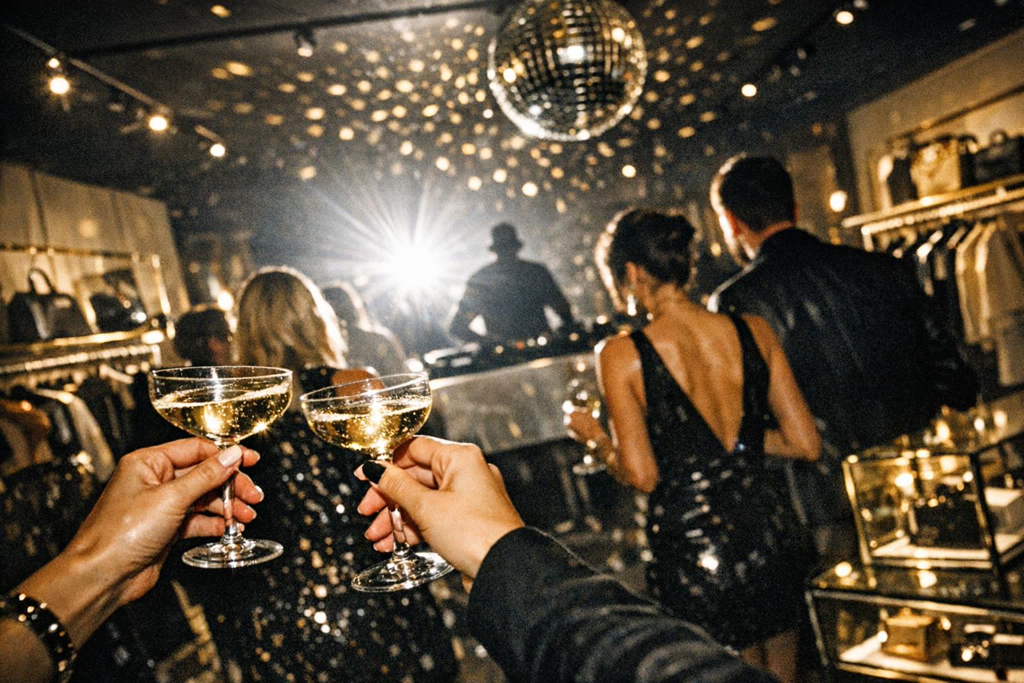 Chandelier-lit salon full of guests in evening wear; one holds a brocade jacket up on its hanger over a champagne table