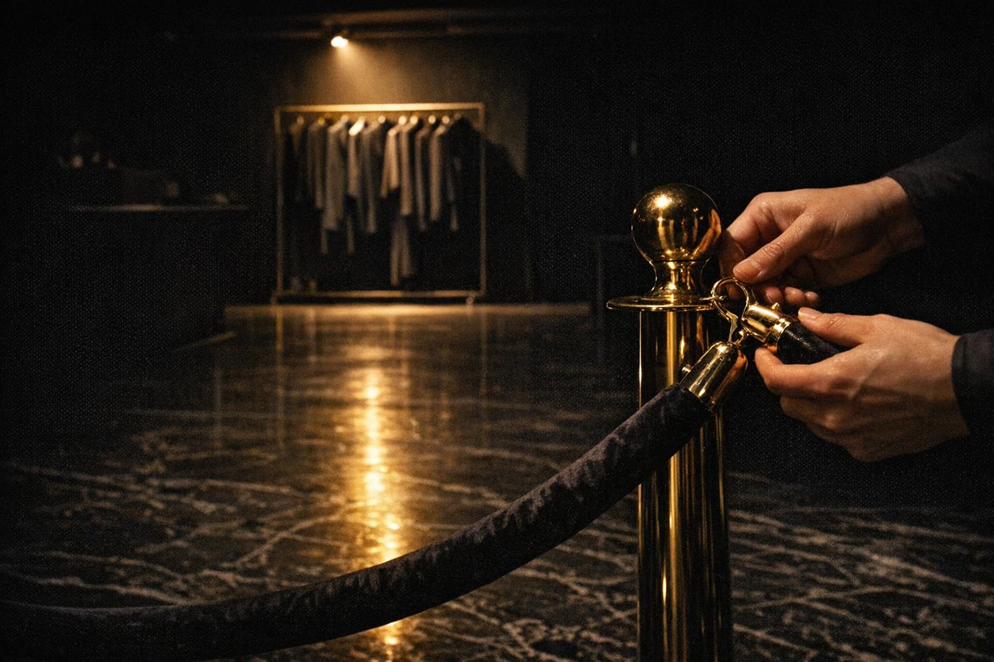 Hands clipping a dark velvet rope onto a brass stanchion inside an empty boutique, a lit garment rack in the distance